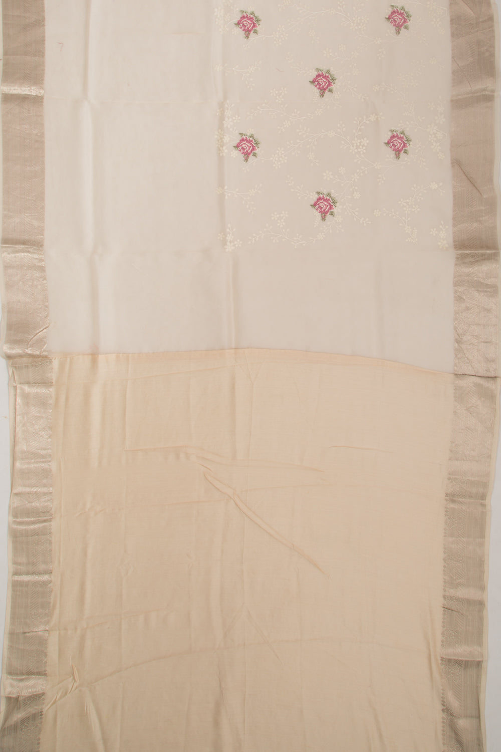 Organza Floral Embroidery Cream Saree