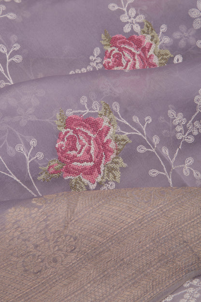 Organza Floral Embroidery Lavender Saree