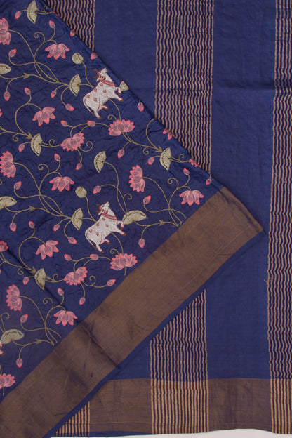 Tussar Embroidery Pichwai Dark Blue Saree