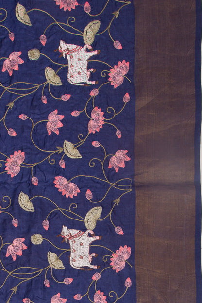 Tussar Embroidery Pichwai Dark Blue Saree
