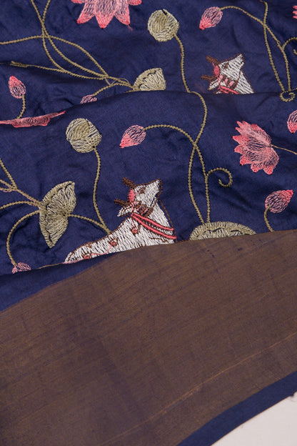 Tussar Embroidery Pichwai Dark Blue Saree