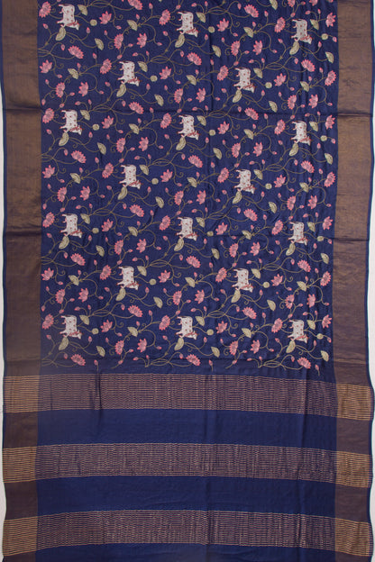 Tussar Embroidery Pichwai Dark Blue Saree