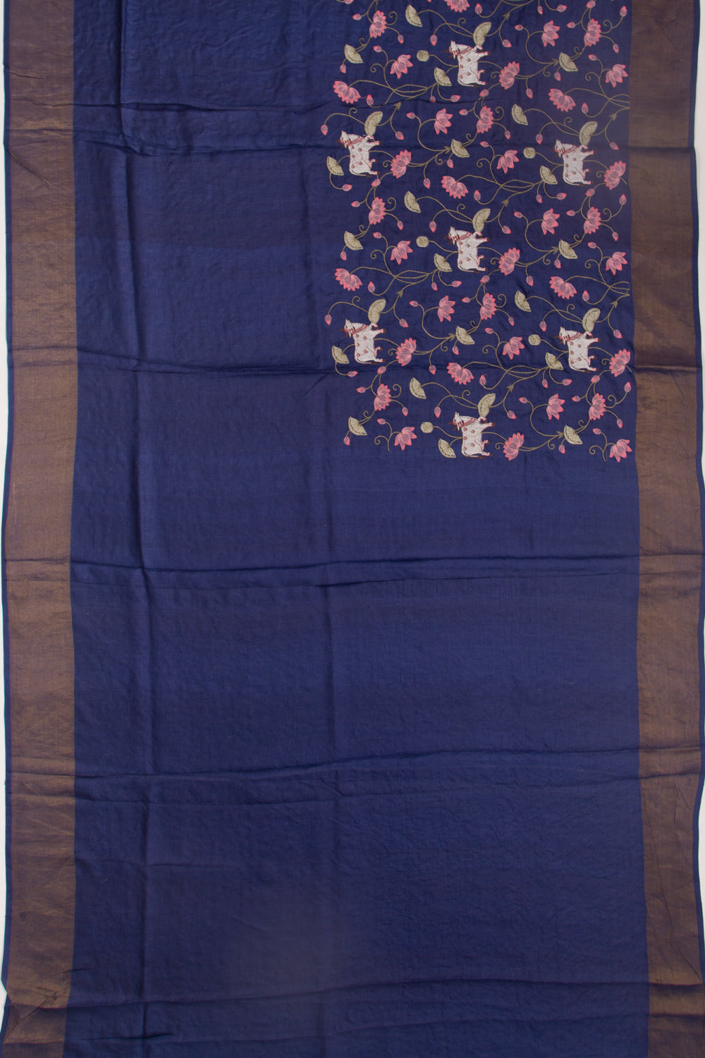 Tussar Embroidery Pichwai Dark Blue Saree