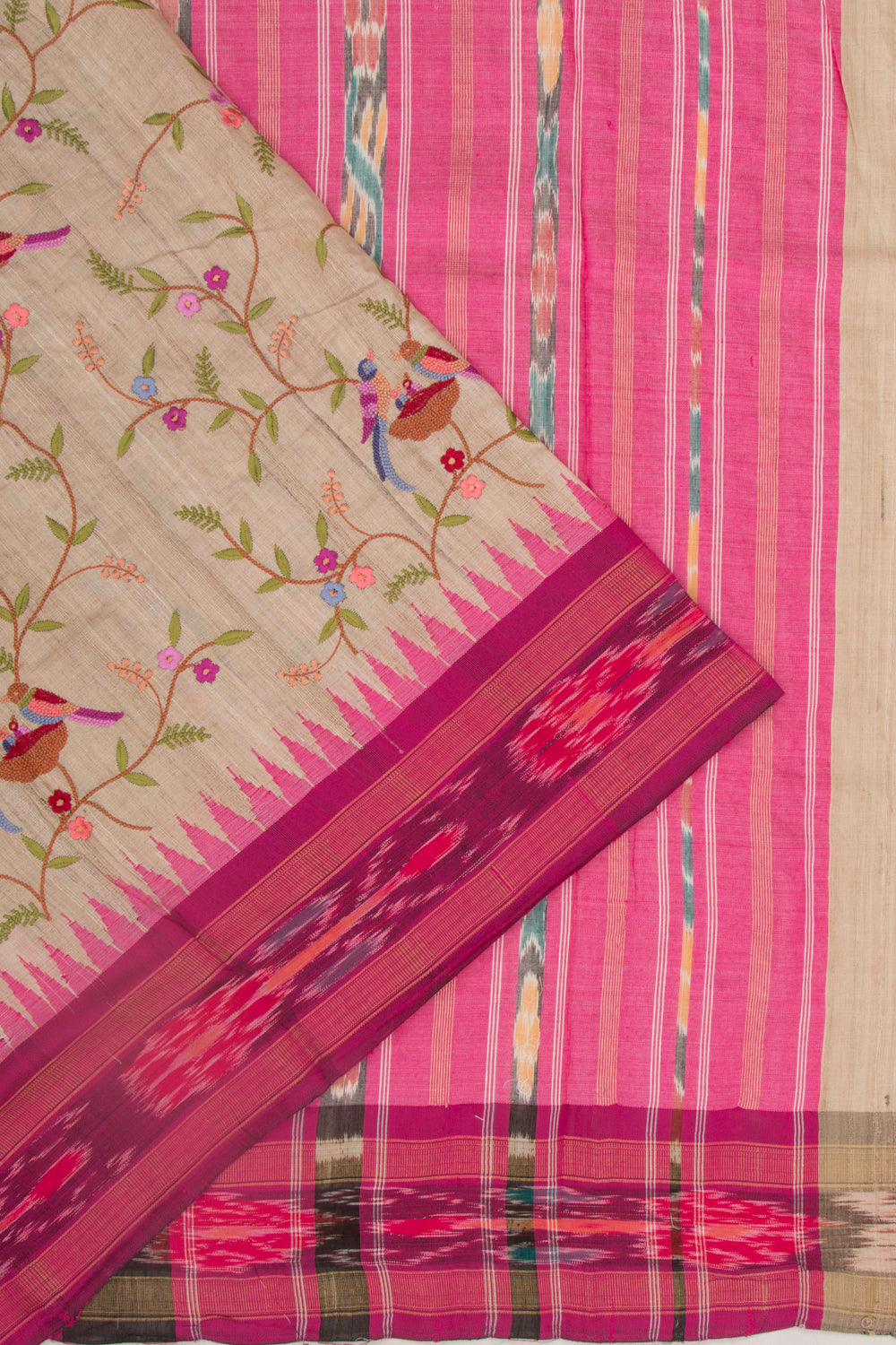 Tussar Floral Embroidery Beige Saree With Vidarbha Border