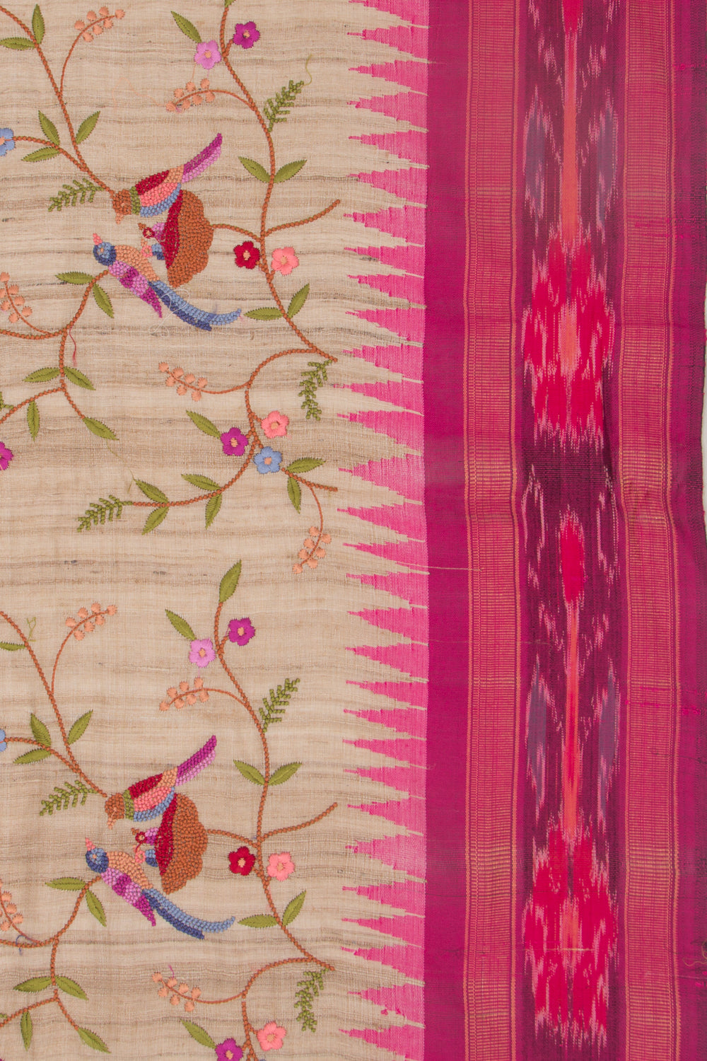 Tussar Floral Embroidery Beige Saree With Vidarbha Border