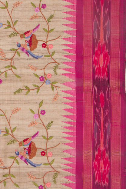 Tussar Floral Embroidery Beige Saree With Vidarbha Border