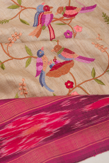 Tussar Floral Embroidery Beige Saree With Vidarbha Border