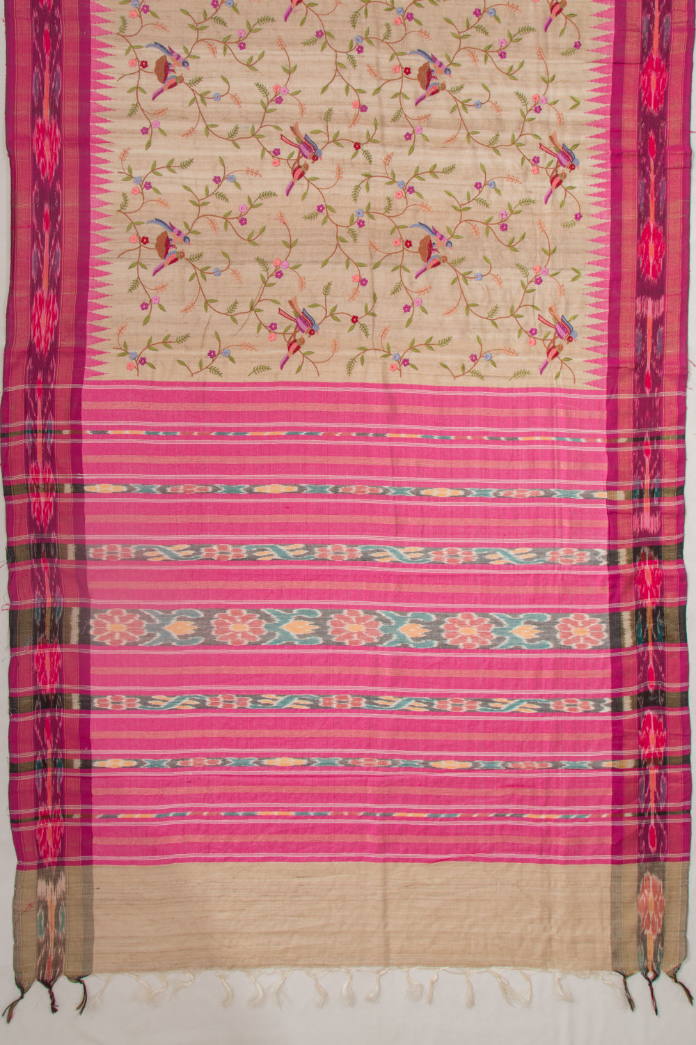 Tussar Floral Embroidery Beige Saree With Vidarbha Border