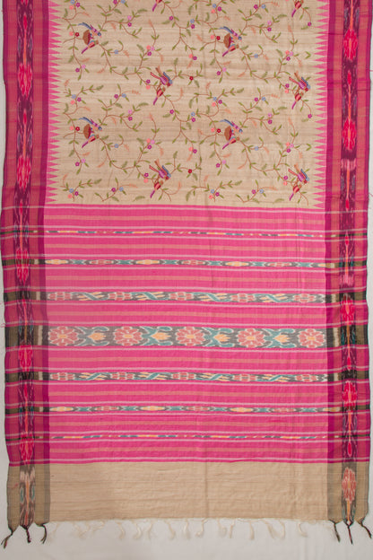 Tussar Floral Embroidery Beige Saree With Vidarbha Border