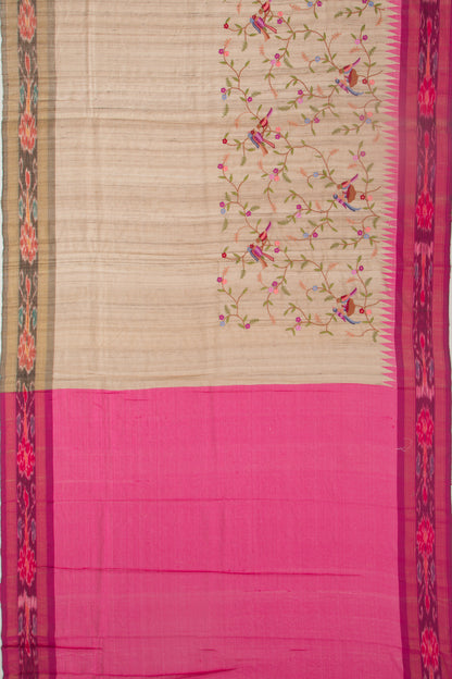 Tussar Floral Embroidery Beige Saree With Vidarbha Border