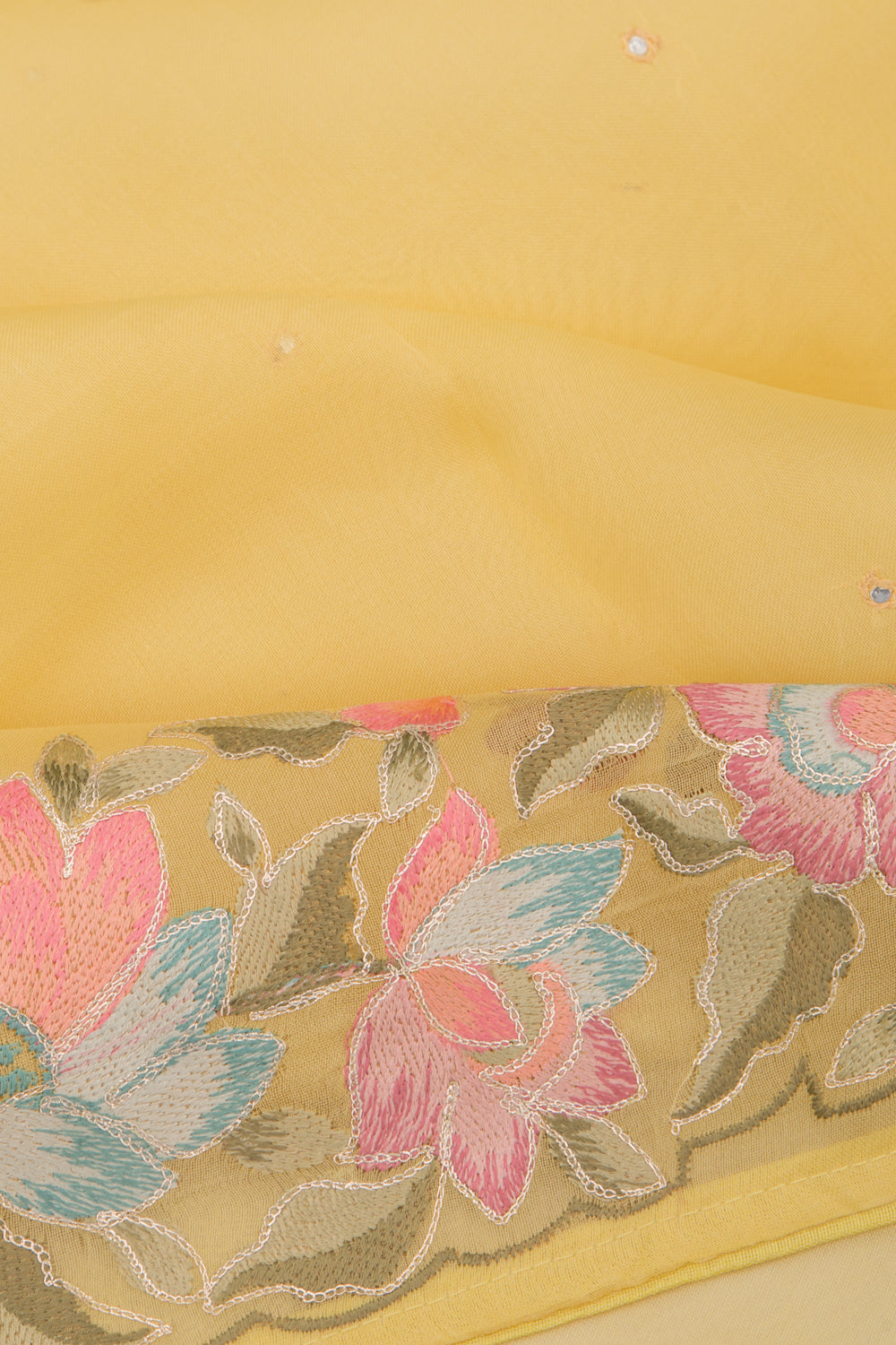 Organza Mirror Work Butta Yellow Saree