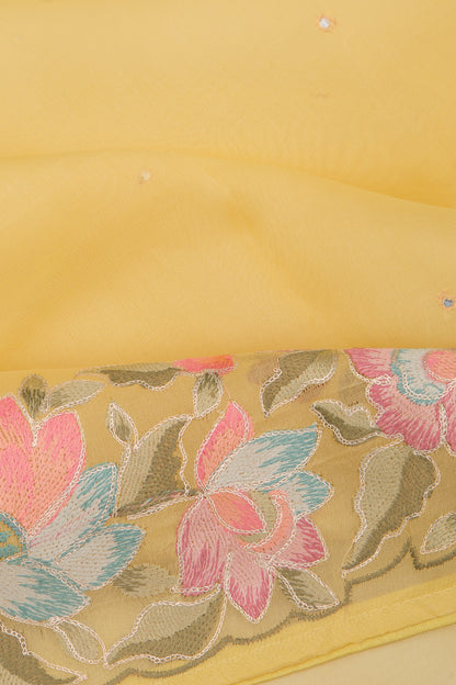 Organza Mirror Work Butta Yellow Saree
