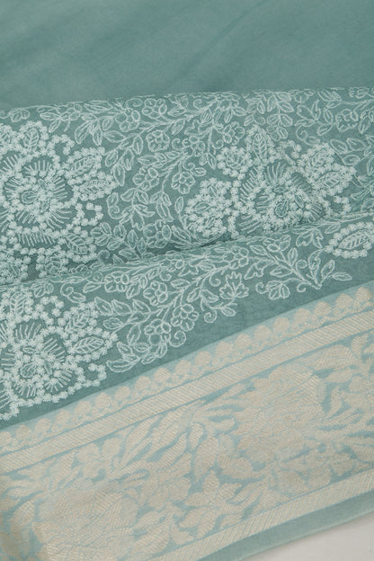 Organza Floral Embroidery Blue Saree