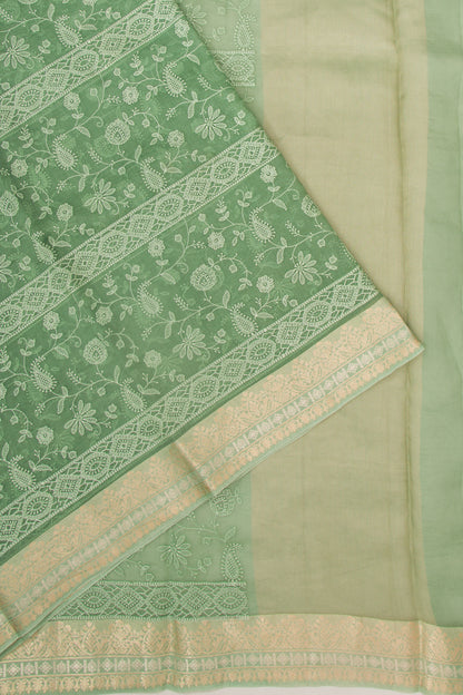 Organza Floral Embroidery Green Saree