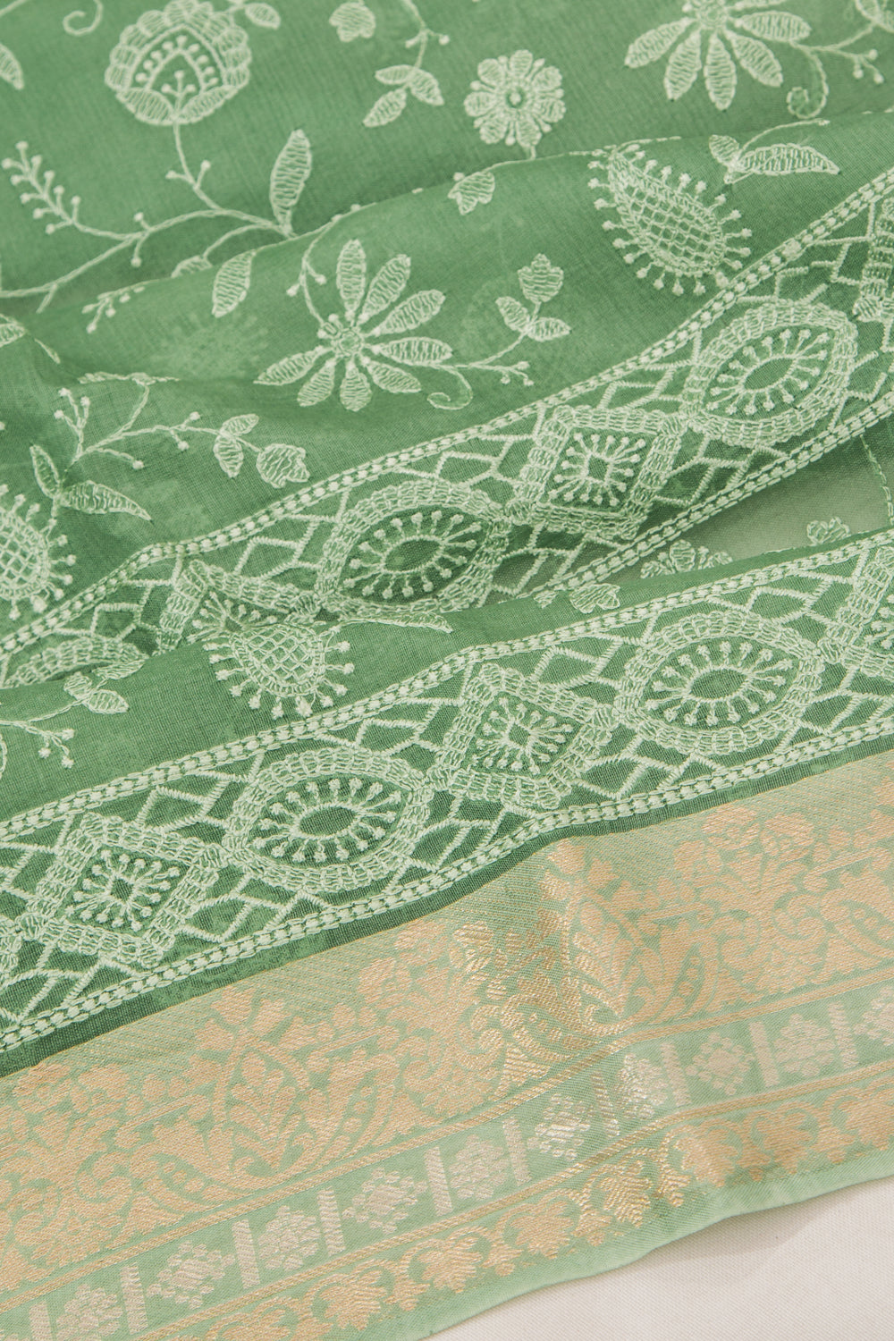 Organza Floral Embroidery Green Saree