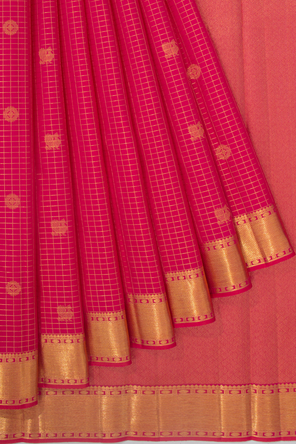 Kanchipuram Silk Checks And Butta Pink Saree
