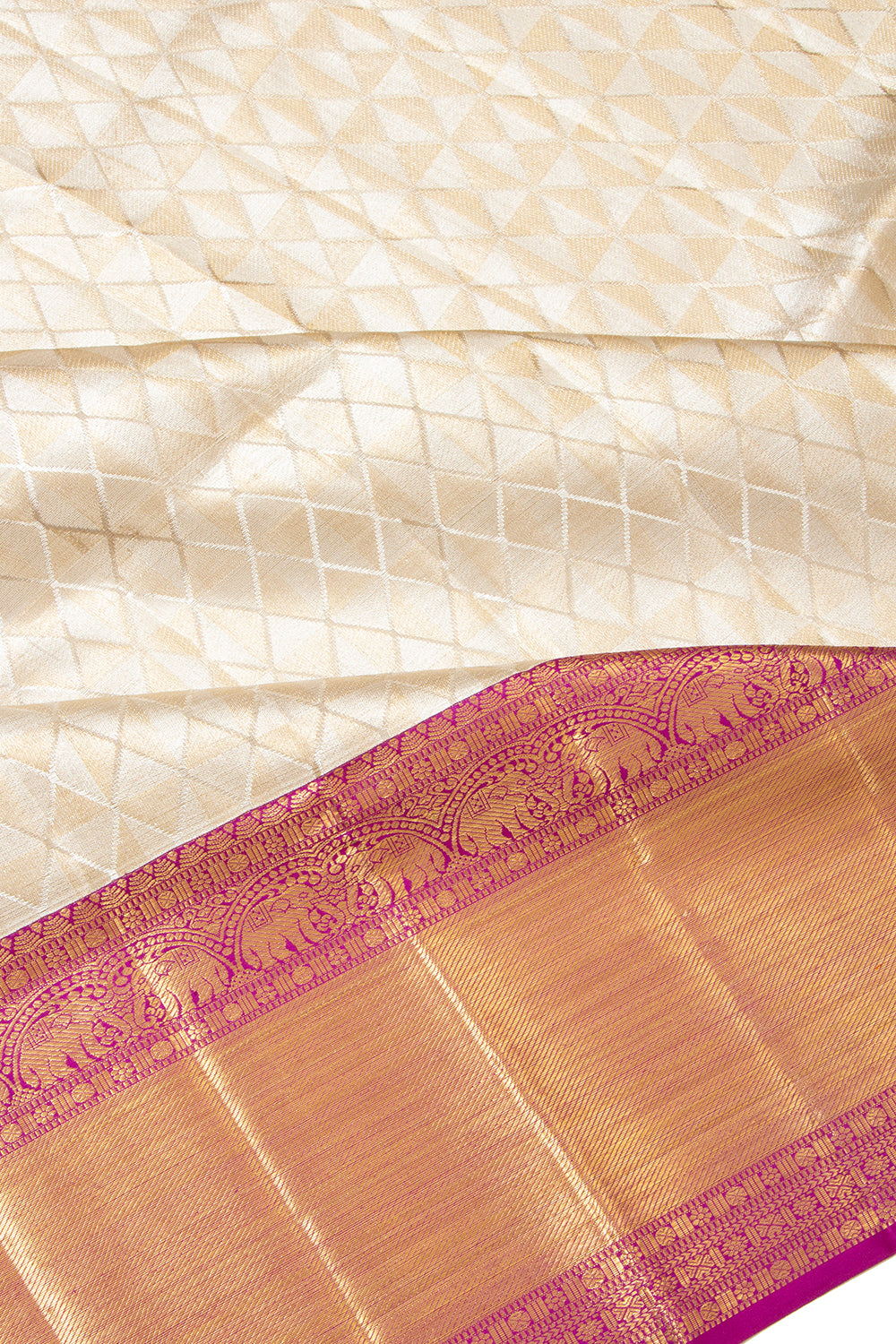 Kanchipuram Silk Geometrical Brocade Silver Saree