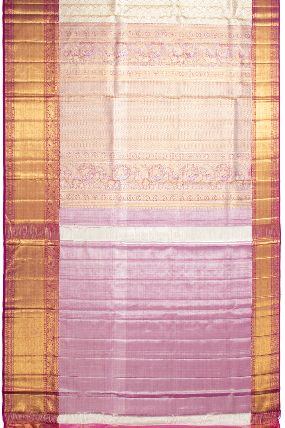 Kanchipuram Silk Geometrical Brocade Silver Saree