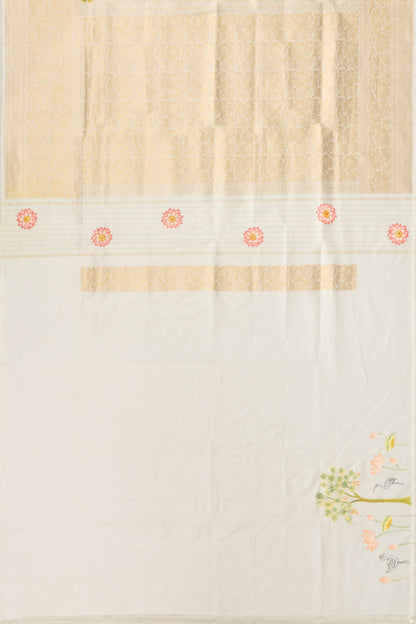 Kanchipuram Silk Floral Printed White Saree