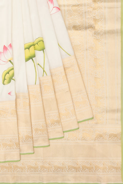 Kanchipuram Silk Plain White Saree With Pichwai Prints