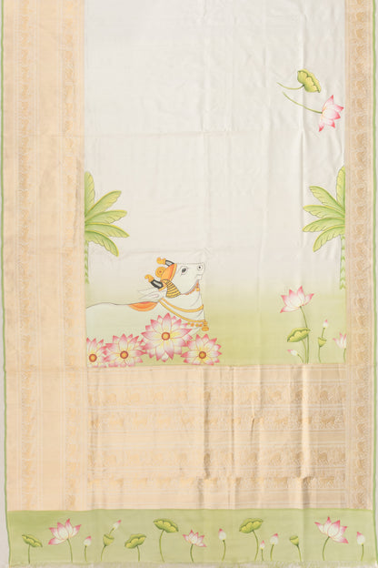 Kanchipuram Silk Plain White Saree With Pichwai Prints