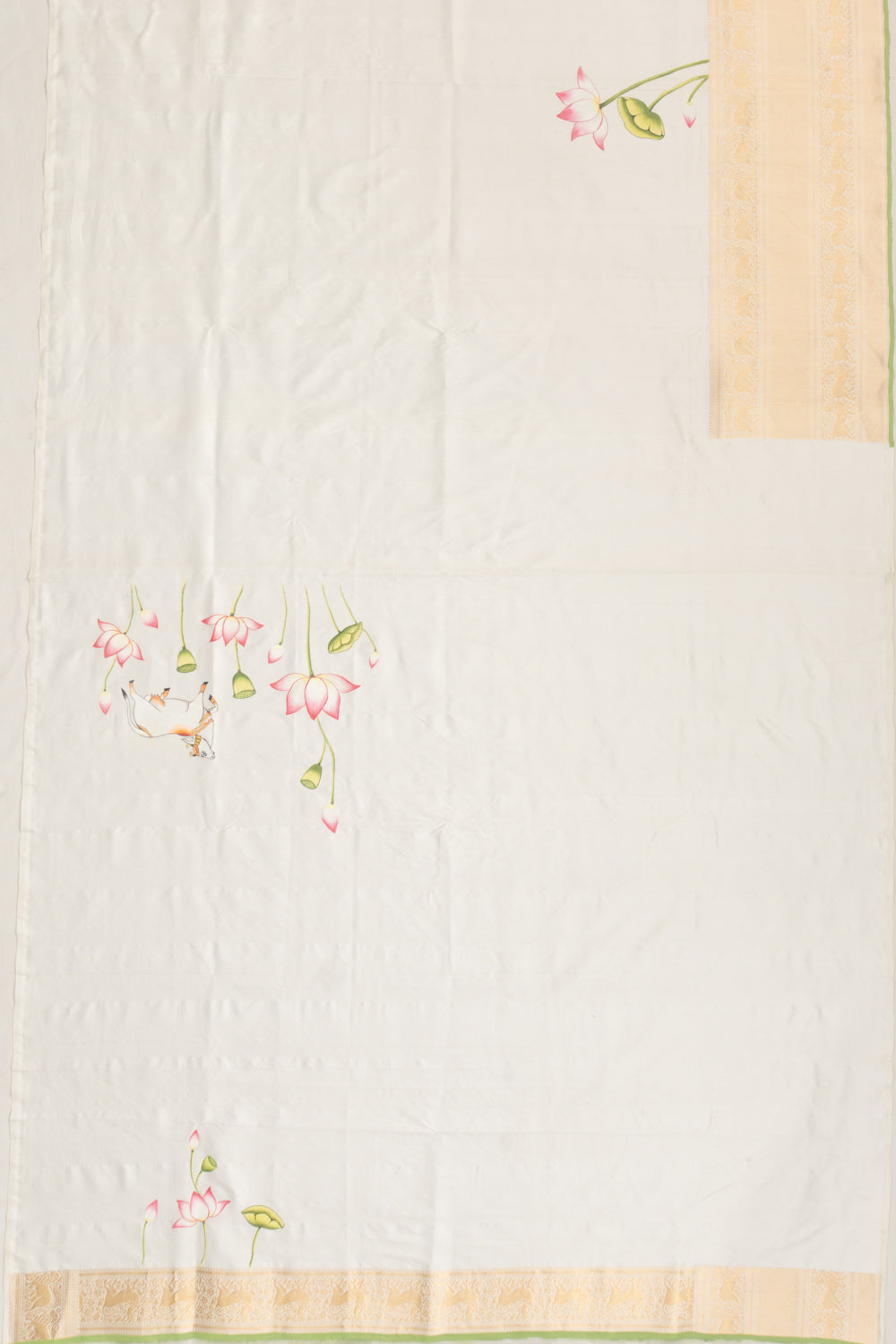 Kanchipuram Silk Plain White Saree With Pichwai Prints