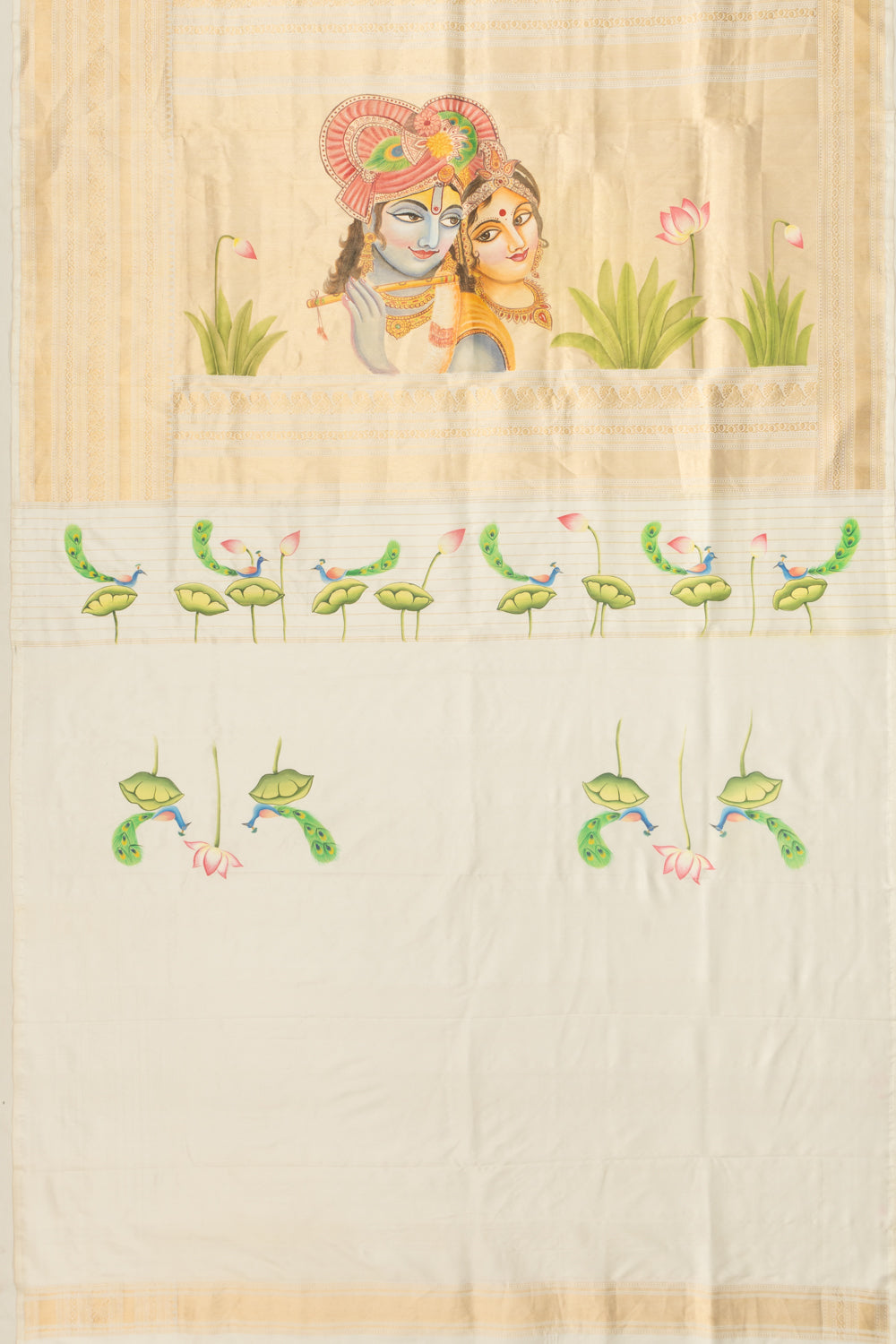 Kanchipuram Silk Pichwai Printed White Saree