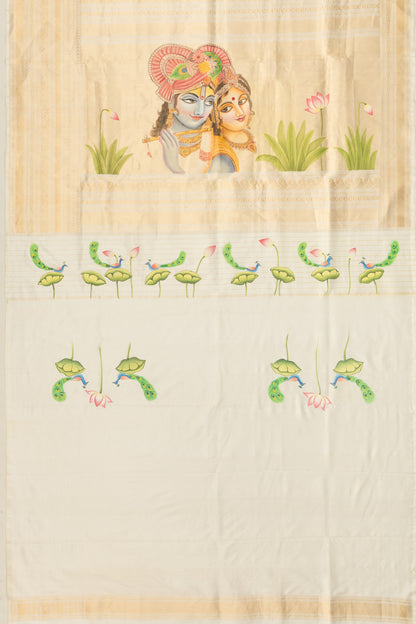 Kanchipuram Silk Pichwai Printed White Saree