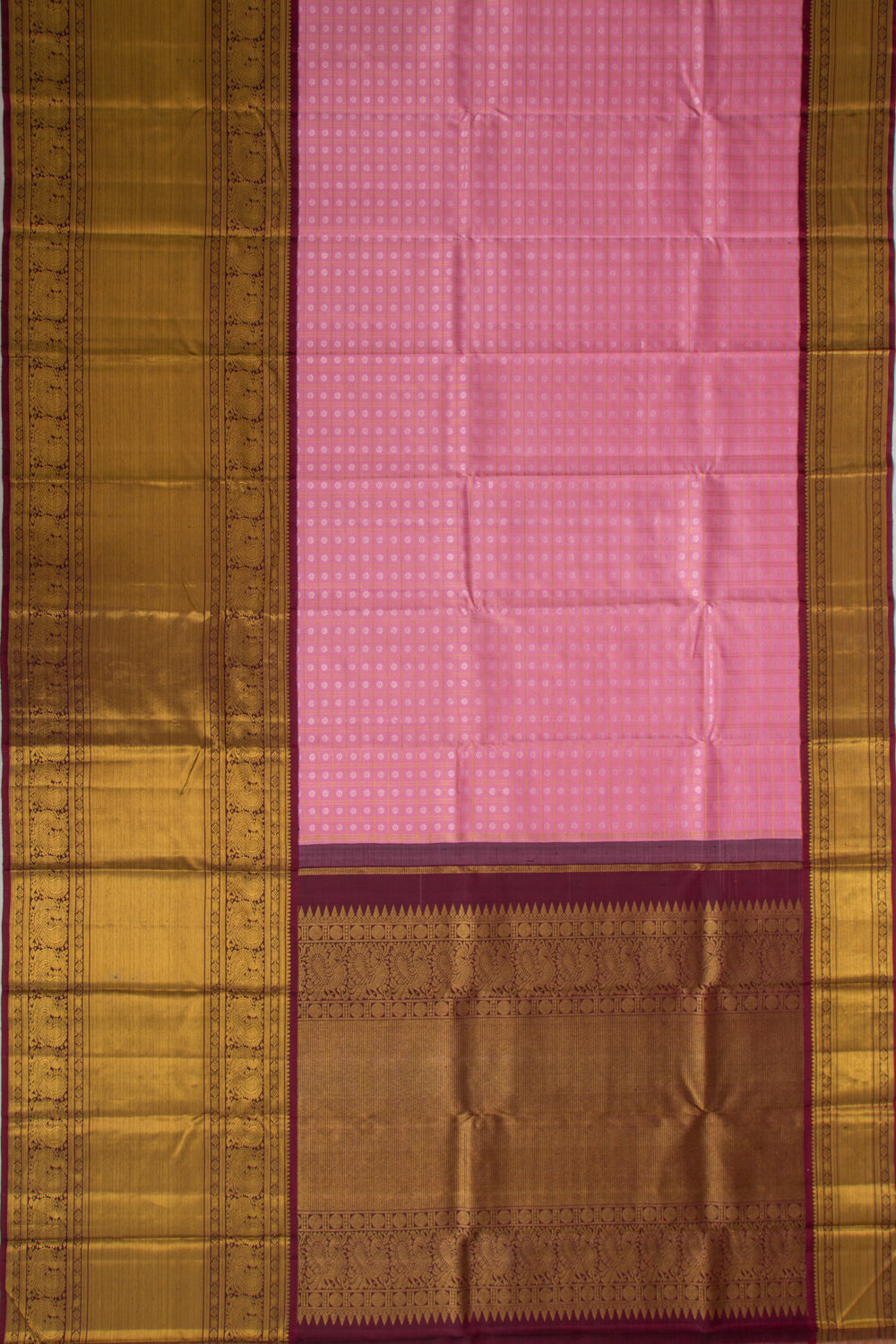 Kanchipuram Silk Checks And Butta Pink Saree