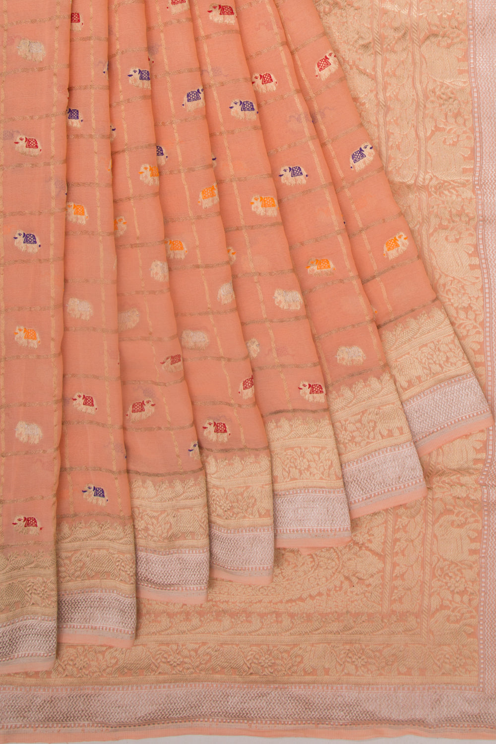 Banarasi Georgette Checks And Butta Peach Saree