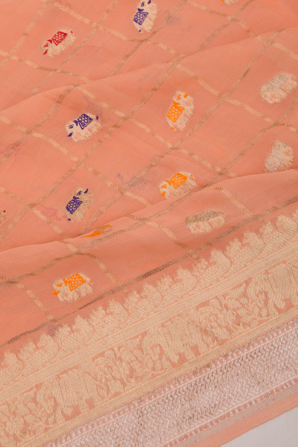 Banarasi Georgette Checks And Butta Peach Saree