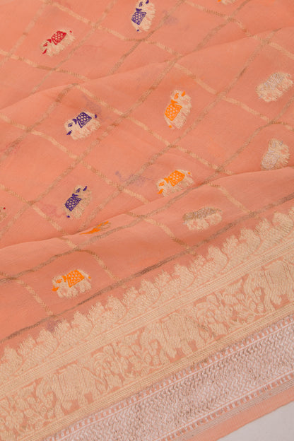 Banarasi Georgette Checks And Butta Peach Saree