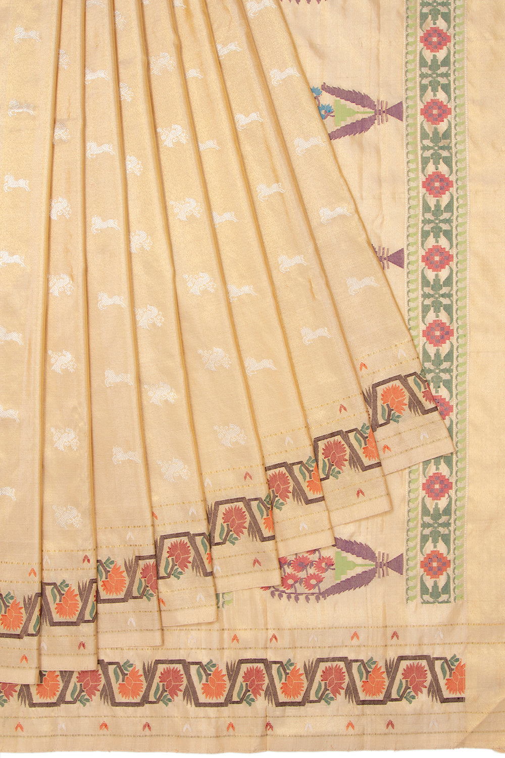Kanchipuram Silk Tissue Butta Gold Saree With Jamdani Border