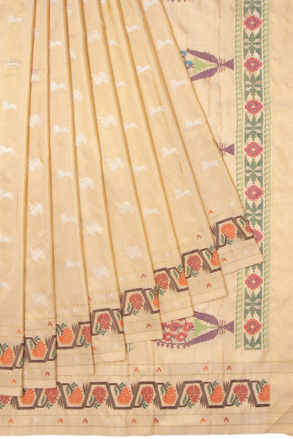 Kanchipuram Silk Tissue Butta Gold Saree With Jamdani Border