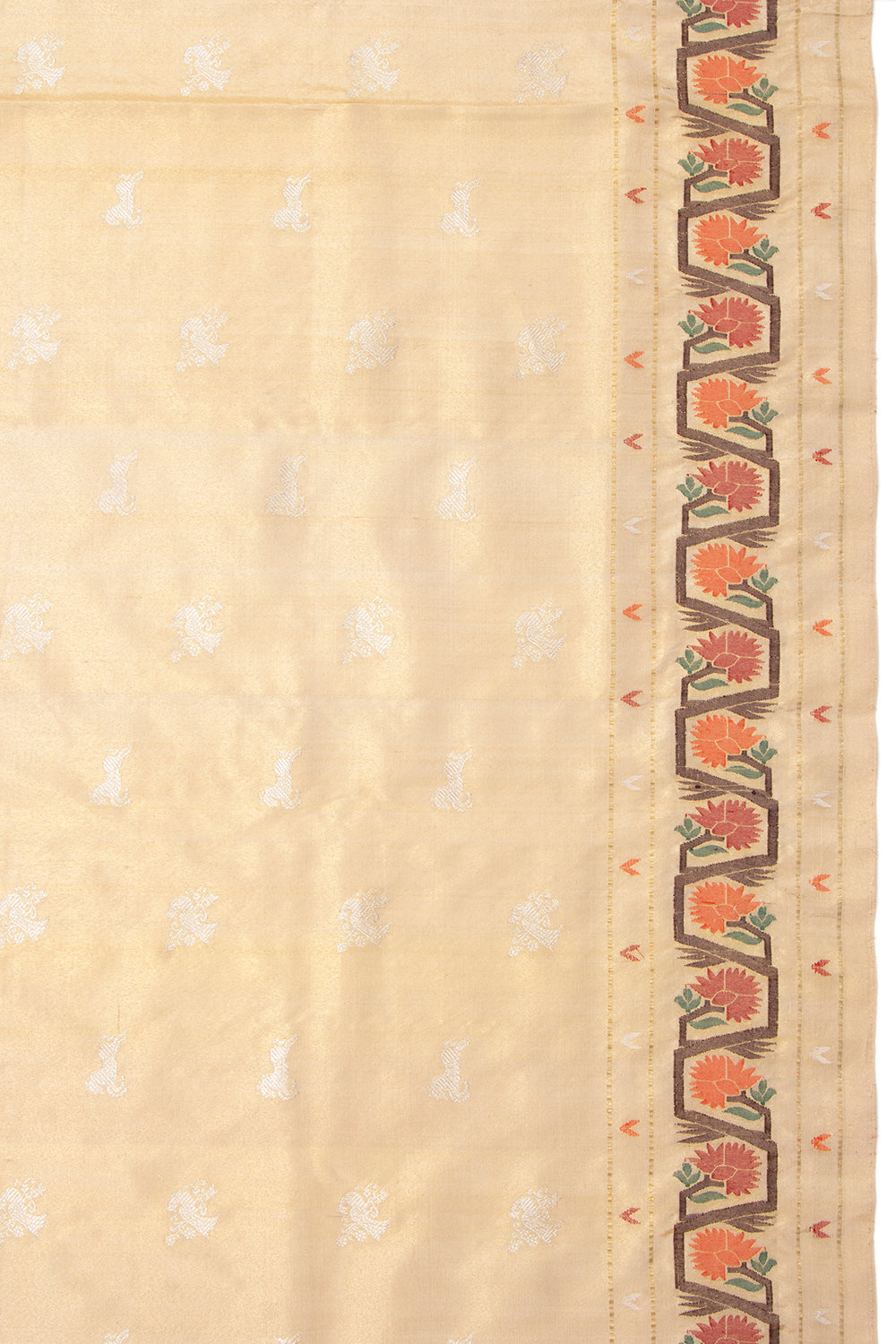 Kanchipuram Silk Tissue Butta Gold Saree With Jamdani Border