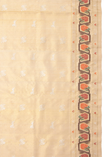 Kanchipuram Silk Tissue Butta Gold Saree With Jamdani Border