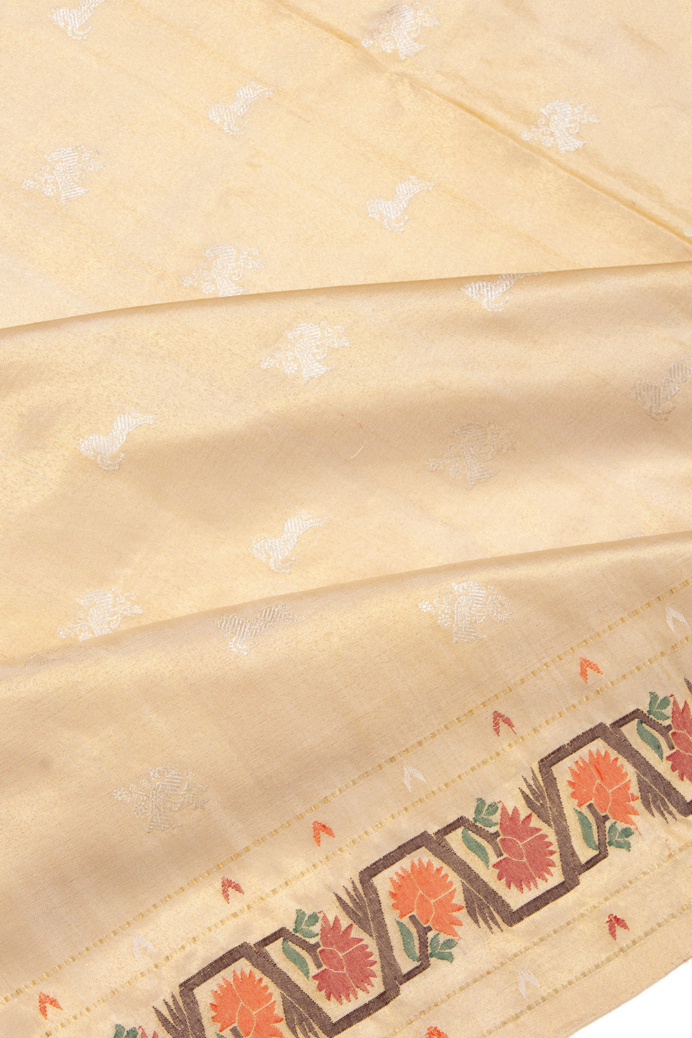 Kanchipuram Silk Tissue Butta Gold Saree With Jamdani Border