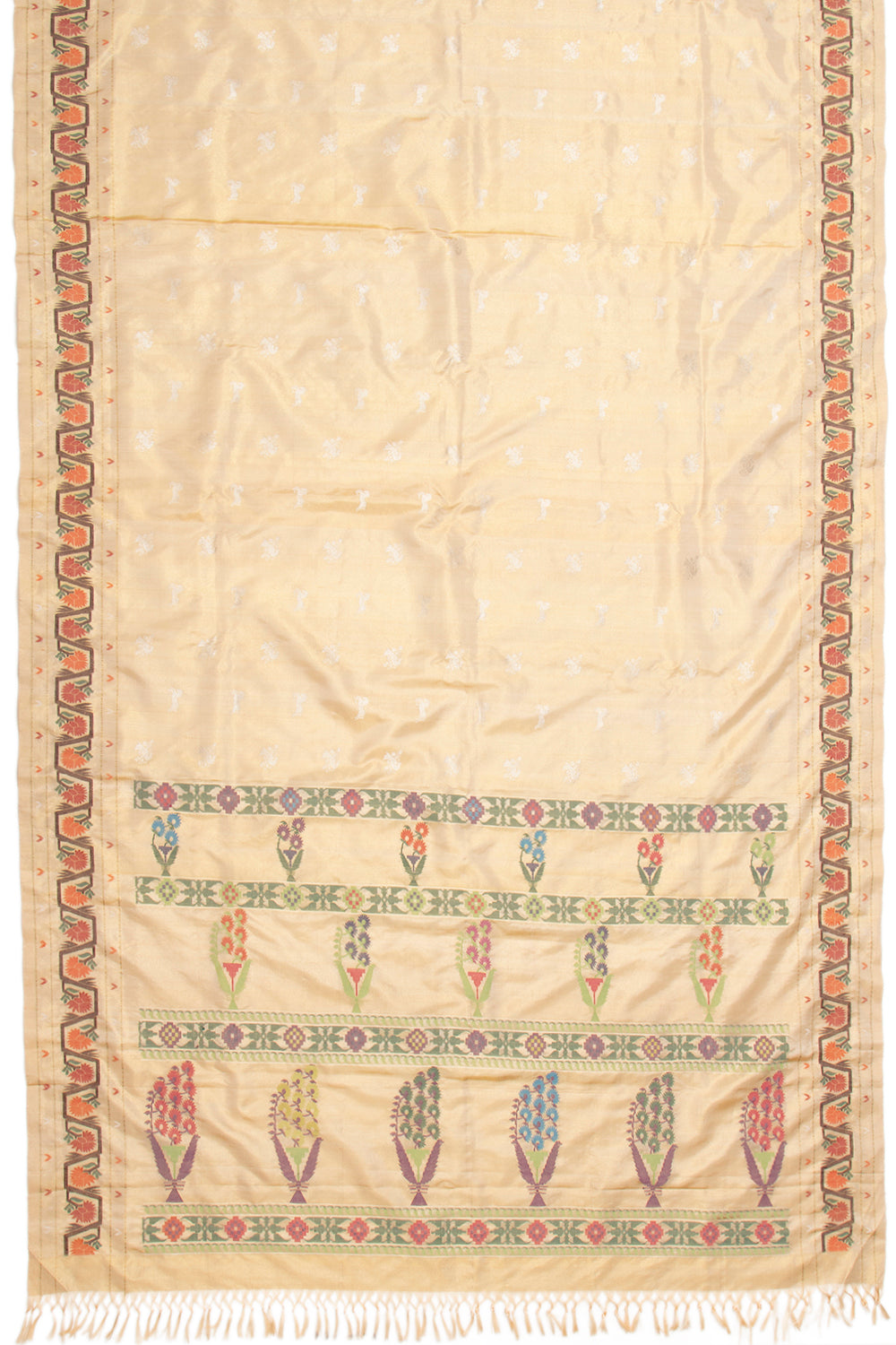 Kanchipuram Silk Tissue Butta Gold Saree With Jamdani Border