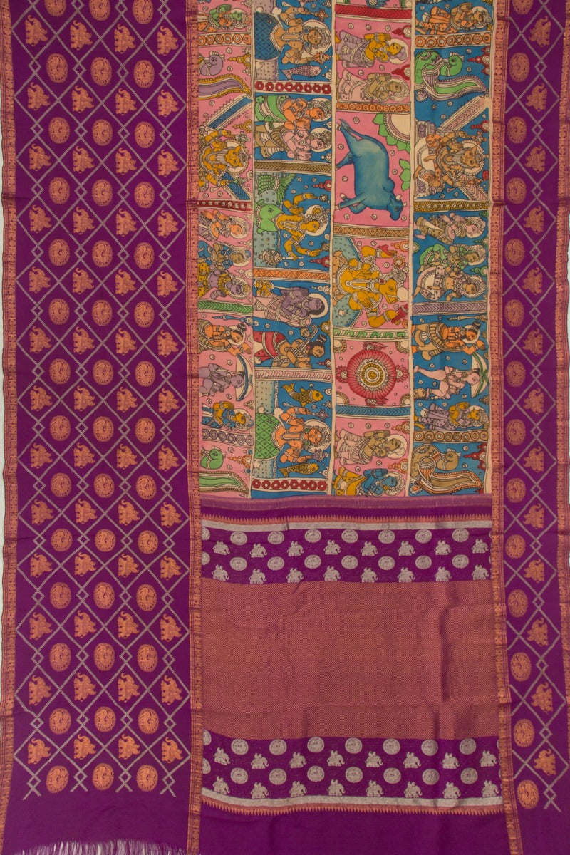 Kanchipuram Silk Handpainted Kalamkari Peach Saree