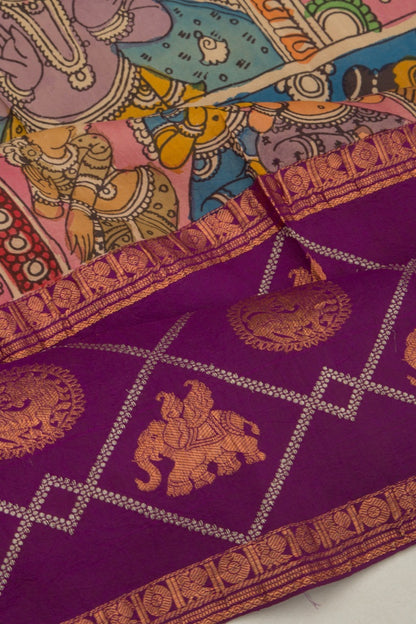 Kanchipuram Silk Handpainted Kalamkari Peach Saree