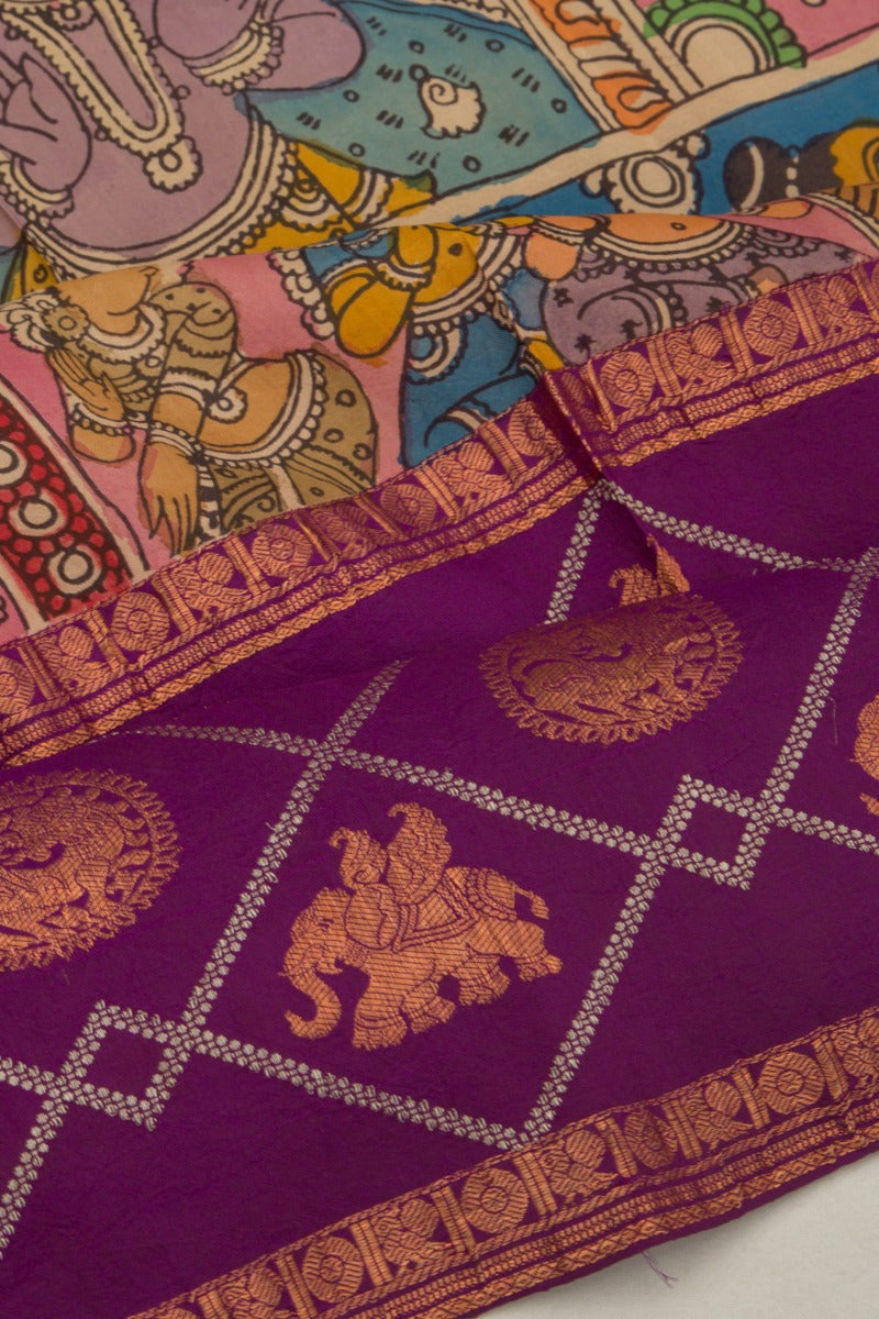 Kanchipuram Silk Handpainted Kalamkari Peach Saree