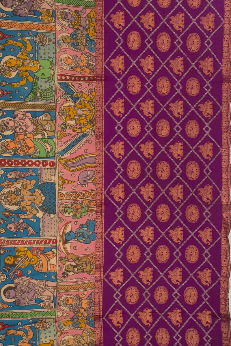 Kanchipuram Silk Handpainted Kalamkari Peach Saree