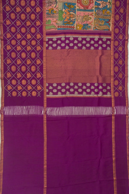 Kanchipuram Silk Handpainted Kalamkari Peach Saree