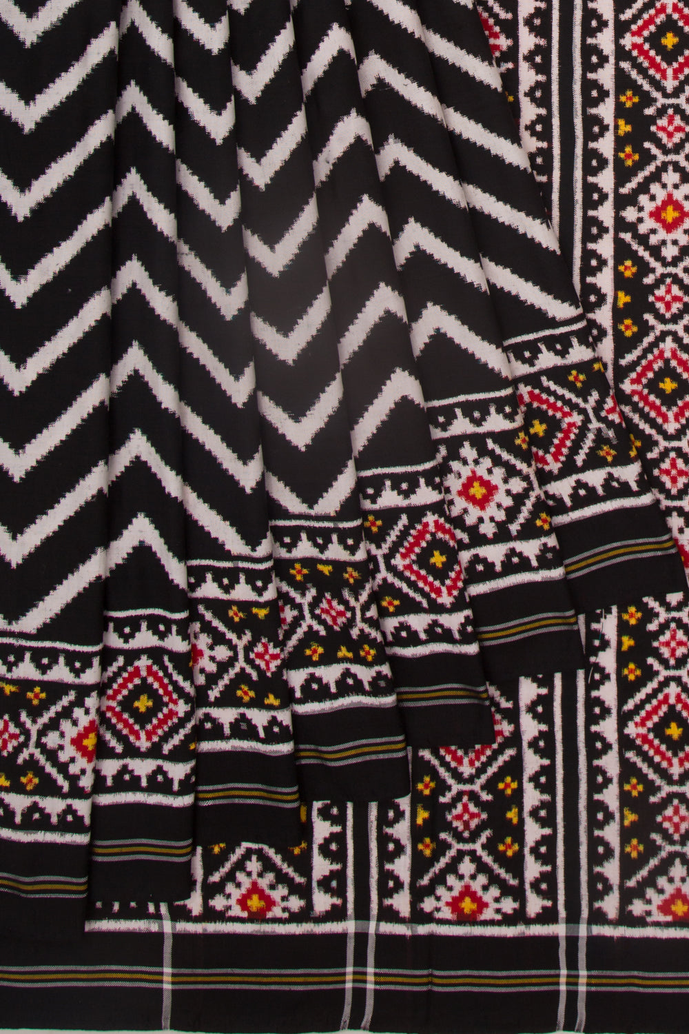Patan Patola Silk Ikat Chevron Black And White Saree