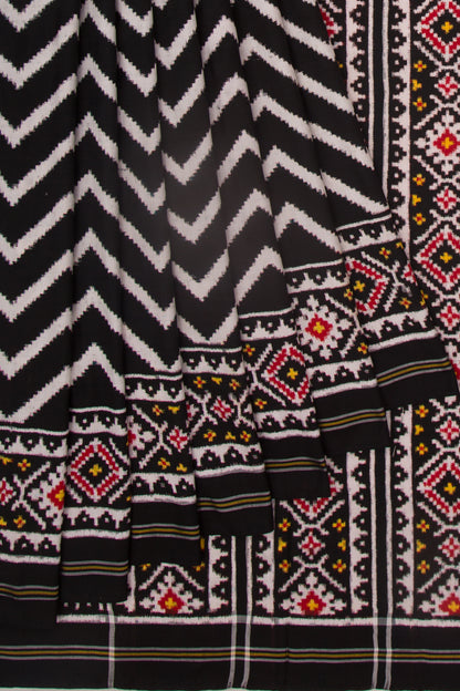 Patan Patola Silk Ikat Chevron Black And White Saree