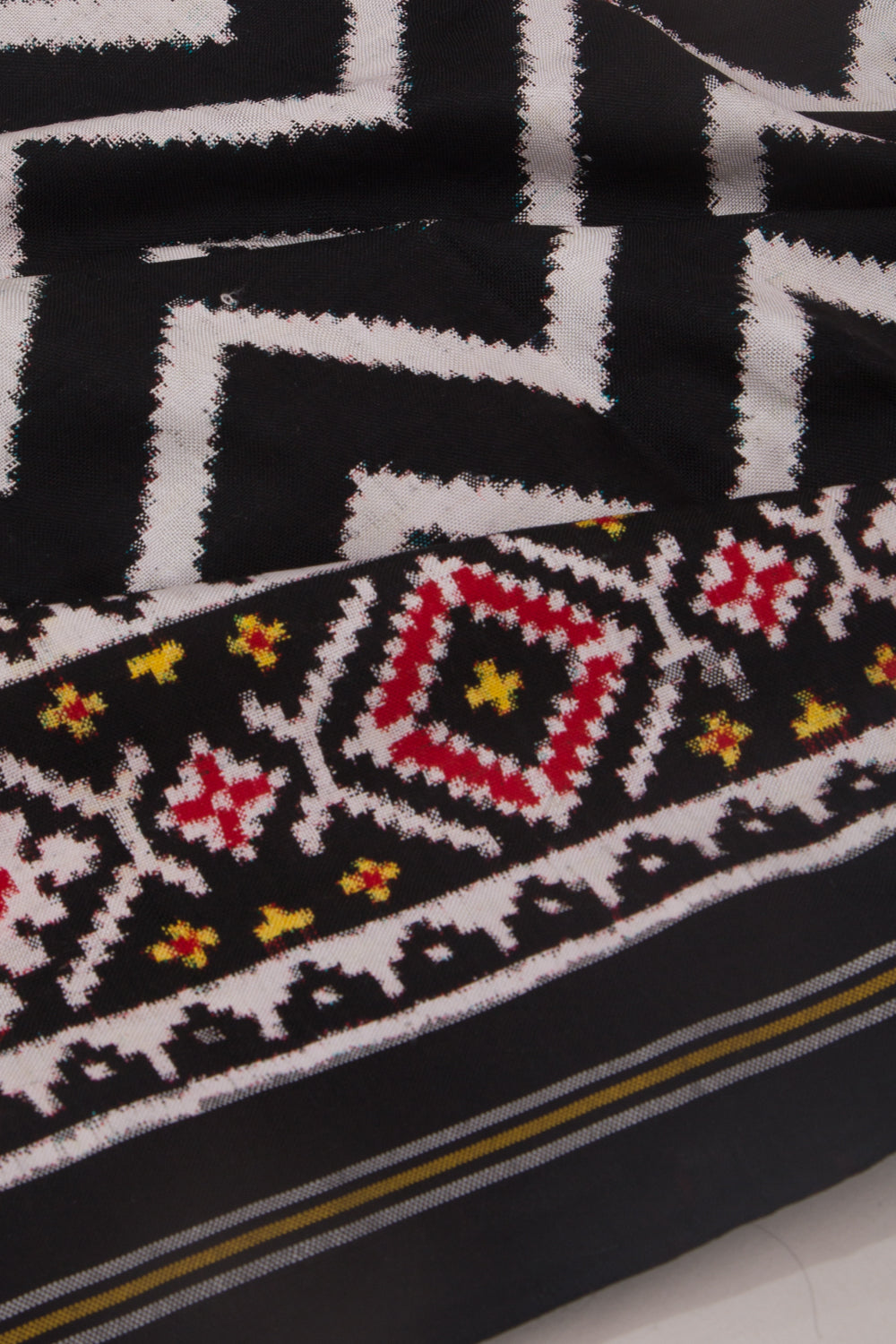 Patan Patola Silk Ikat Chevron Black And White Saree