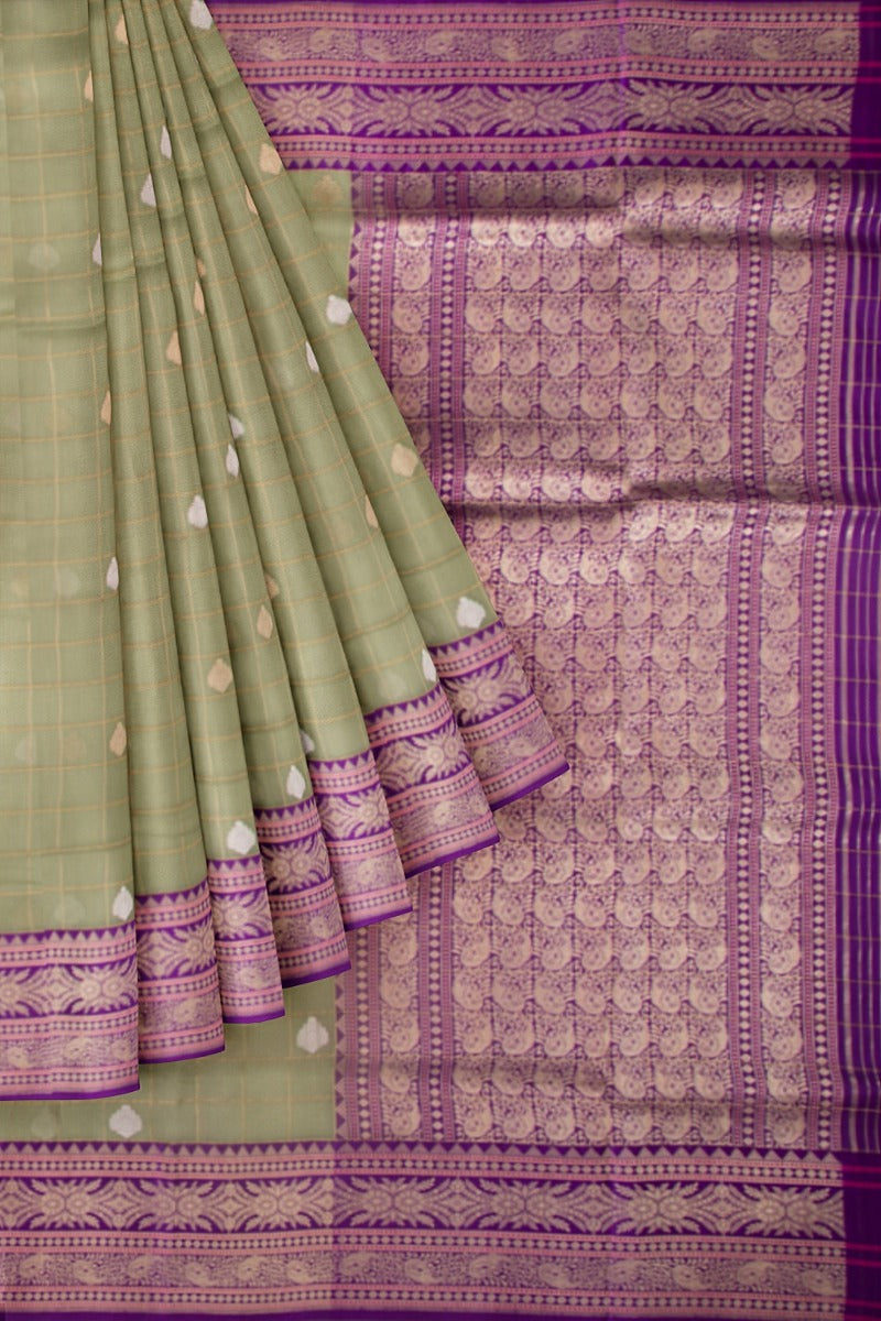 Banarasi Kora Organza Checks And Butta Pista Green Saree