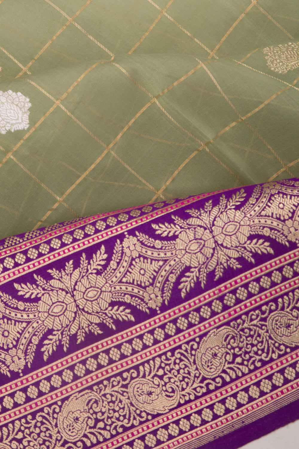 Banarasi Kora Organza Checks And Butta Pista Green Saree