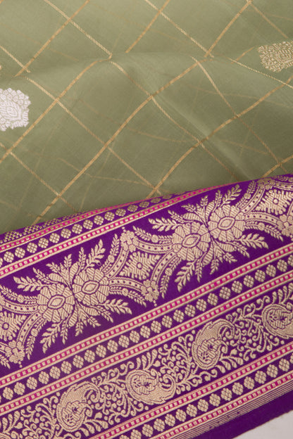 Banarasi Kora Organza Checks And Butta Pista Green Saree
