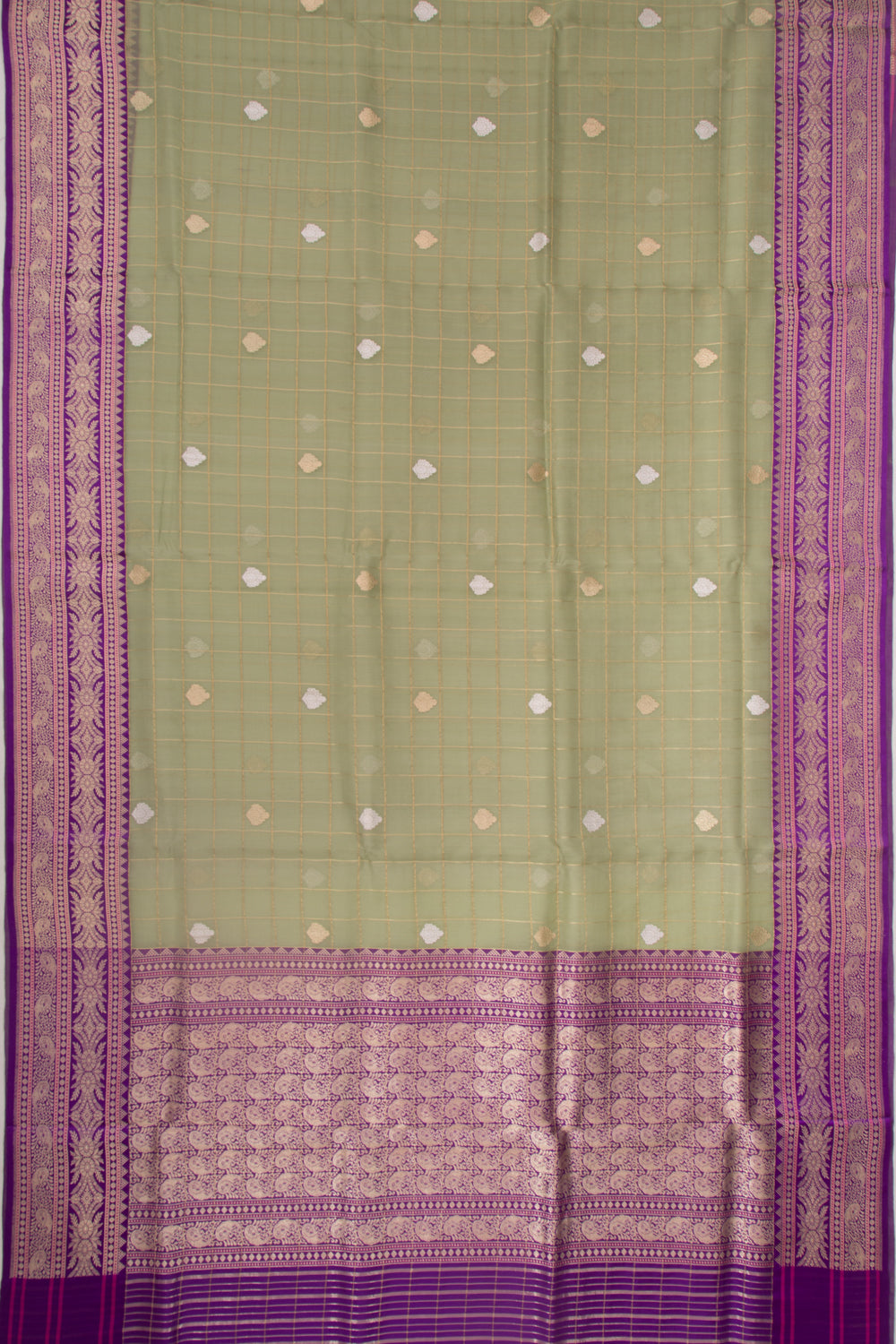 Banarasi Kora Organza Checks And Butta Pista Green Saree